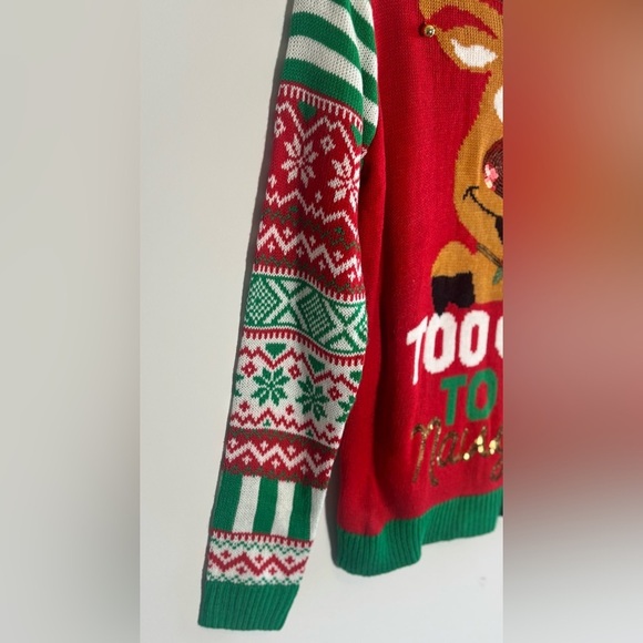 No Boundaries “Too Cute To Be Naughty” Reindeer Christmas Sweater Red Pullover - Picture 3 of 6